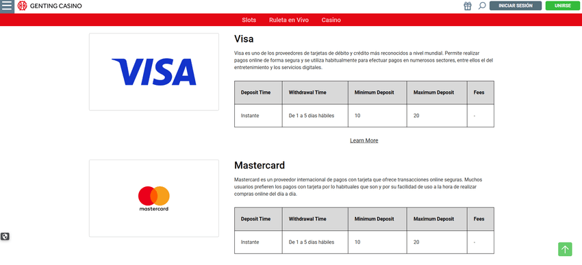 Métodos de pago Visa y Mastercard disponibles en Genting Casino España