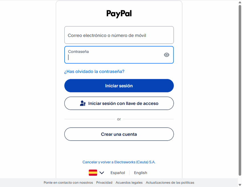 Autenticación de PayPal Pantalla de inicio de sesión de PayPal utilizada para autorizar depósitos en casinos online.