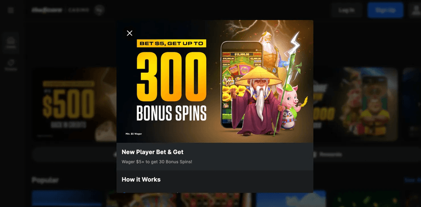 theScore Bet New Player Bonus Offer theScore Bet welcome bonus promotion featuring up to 300 bonus spins for eligible new players.