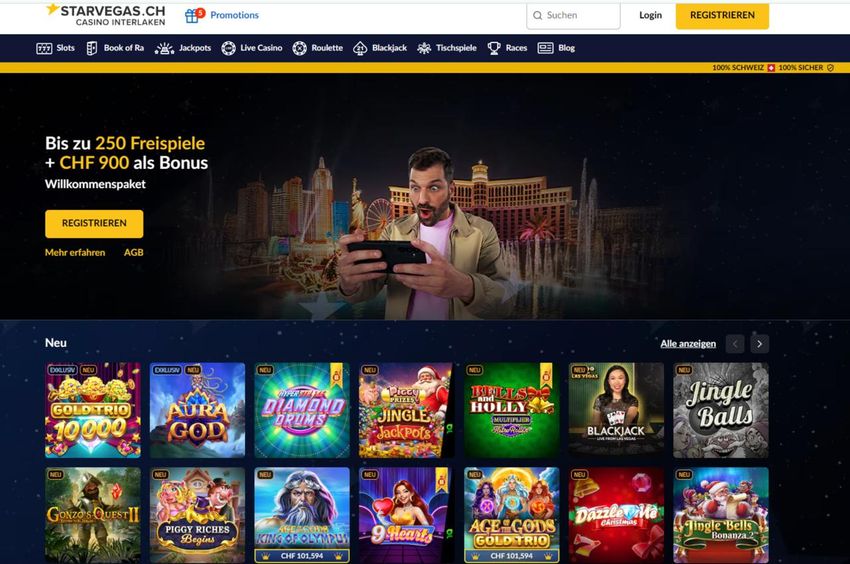 Offizielle Starvegas-Website für Spieler in der Schweiz Ansicht der offiziellen Starvegas-Website mit Casinospielen für Schweizer Spieler.