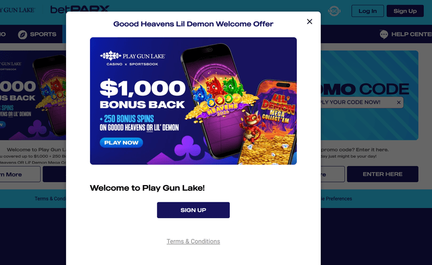 Play Gun Lake Michigan welcome offer showing $1,000 bonus back and 250 free spins