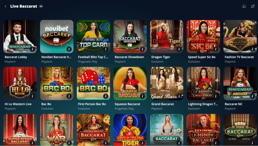 Κατηγορία Live Baccarat της Novibet με Baccarat Showdown, Dragon Tiger, Bac Bo, Squeeze Baccarat, Grand Baccarat και Lightning Baccarat.