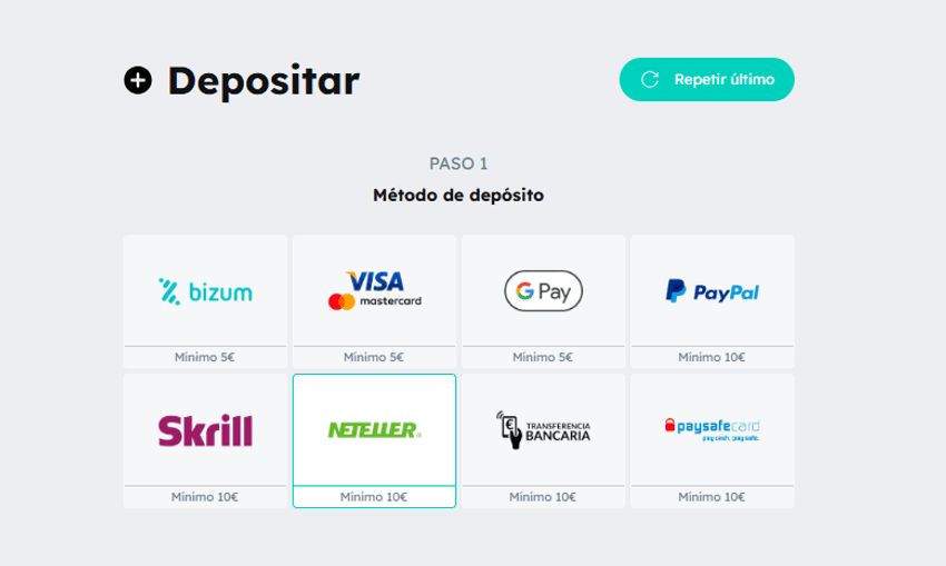 Métodos de pago disponibles en Casino Barcelona, incluyendo Neteller, Skrill, PayPal, Bizum y tarjetas bancarias.
