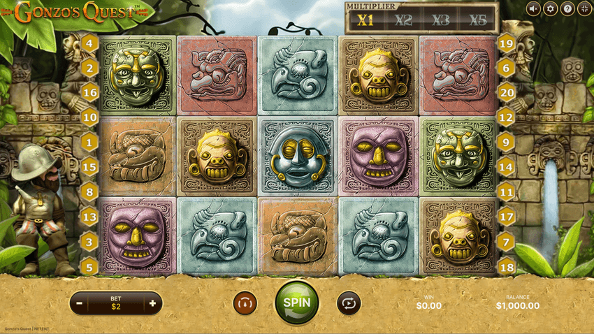 Gonzo’s Quest slot by NetEnt showing the 5-reel game grid, Avalanche multiplier, and $2 bet