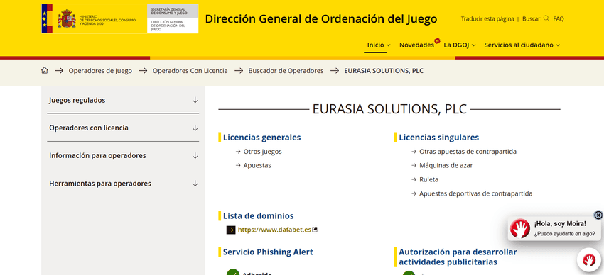 Licencia de Dafabet en la DGOJ Ficha de Eurasia Solutions PLC en la DGOJ con las licencias y el dominio autorizado de Dafabet.