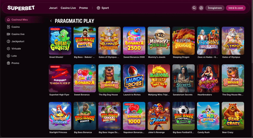 Jocuri Pragmatic Play la Superbet cu Gates of Olympus, Sweet Bonanza, Big Bass, Starlight Princess și Candy Rush.