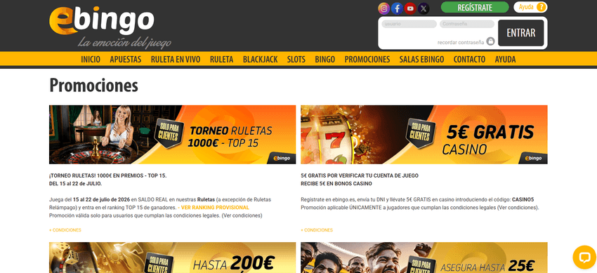 Promociones y bonos de eBingo Página de promociones de eBingo con el bono de bienvenida, torneos y ofertas de casino.