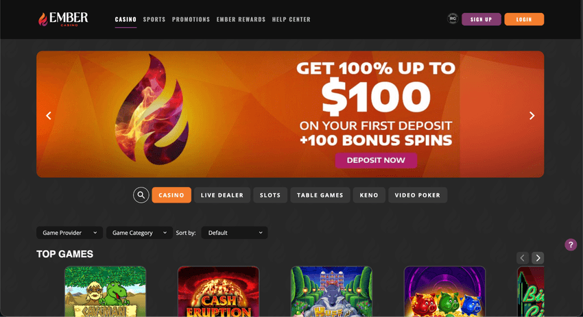 Ember Casino West Virginia homepage featuring its first deposit bonus and top casino games.