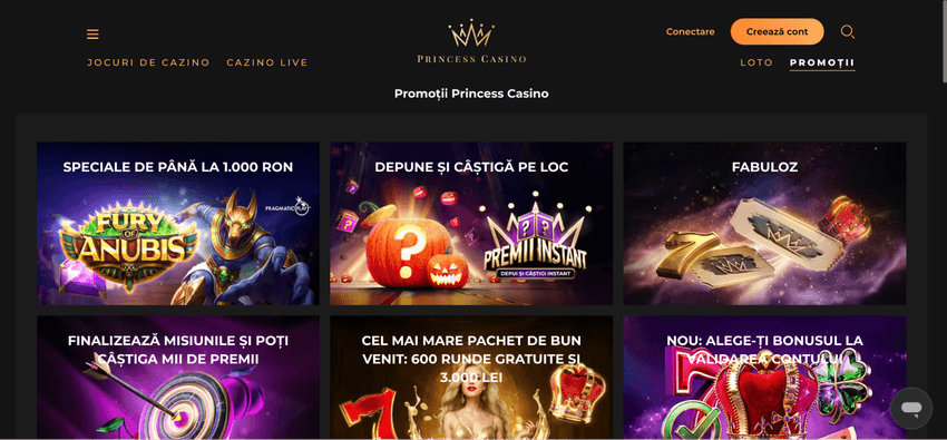 Promoții și bonusuri Princess Casino Pagina de promoții Princess Casino cu bonusuri, Premii Instant, FabuLOZ și pachet de bun venit