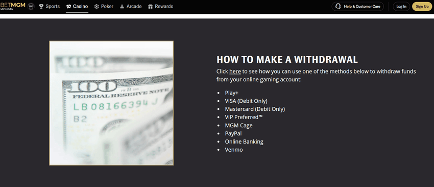 Screenshot of BetMGM Michigan withdrawal methods