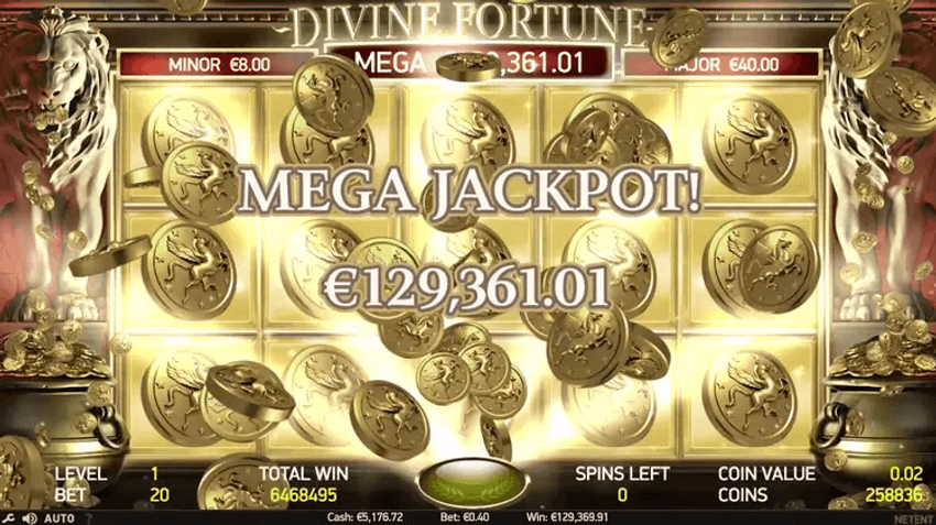 Οθόνη του Divine Fortune της NetEnt με ενεργοποιημένο το Mega Jackpot αξίας 129.361,01€ και χρυσά νομίσματα στο πλέγμα.
