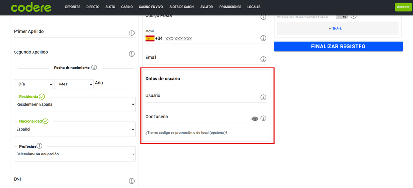 Creación de usuario en Codere Creación de usuario y contraseña en el registro de Codere.