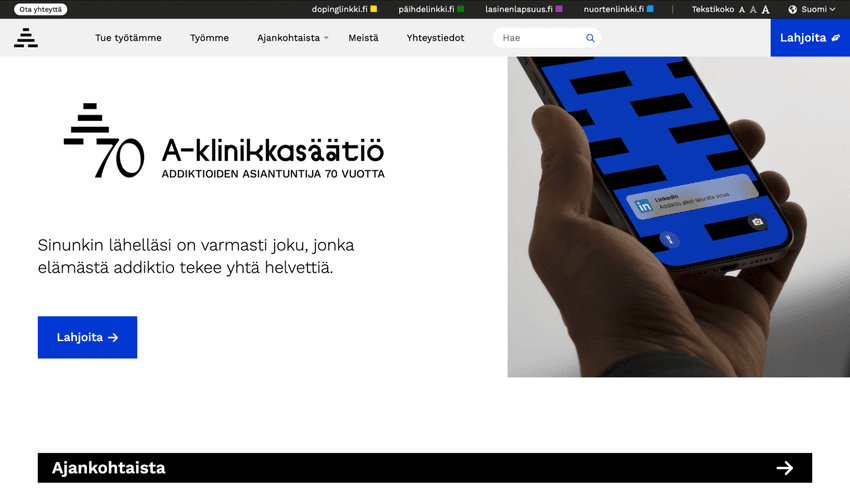A-klinikkasäätiön verkkosivuston etusivu