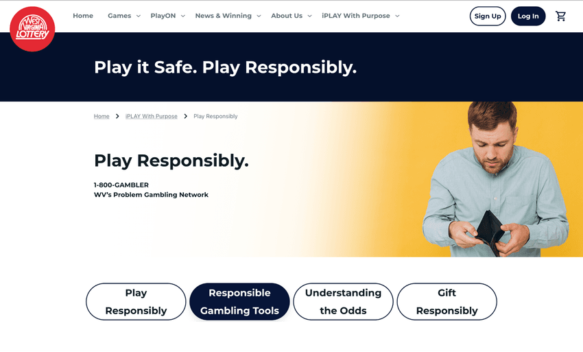 West Virginia Lottery Play Responsibly page featuring responsible gaming tools, educational resources, and support information.