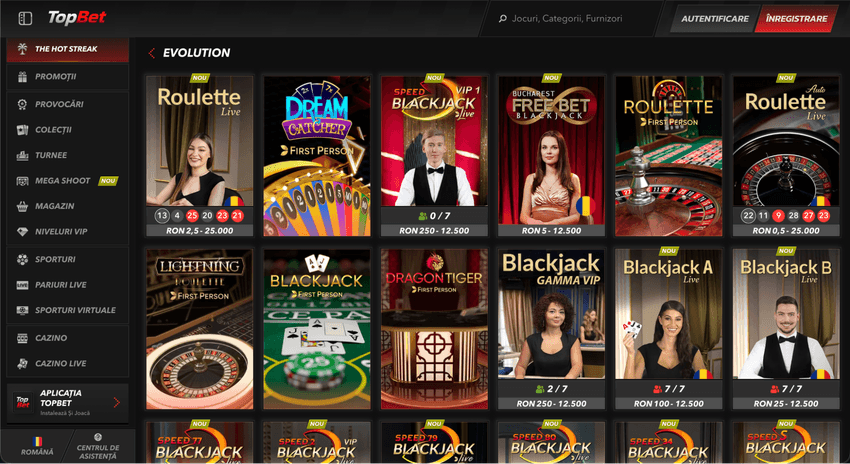 Jocuri Evolution la TopBet Casino Jocuri Evolution la TopBet, cu ruletă, Dream Catcher, blackjack și jocuri First Person
