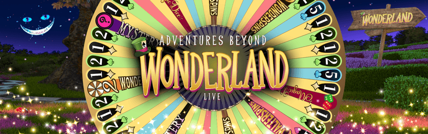 Adventures Beyond Wonderland Προωθητική εικόνα του Adventures Beyond Wonderland με fantasy αισθητική και τον χαρακτηριστικό τροχό του παιχνιδιού.