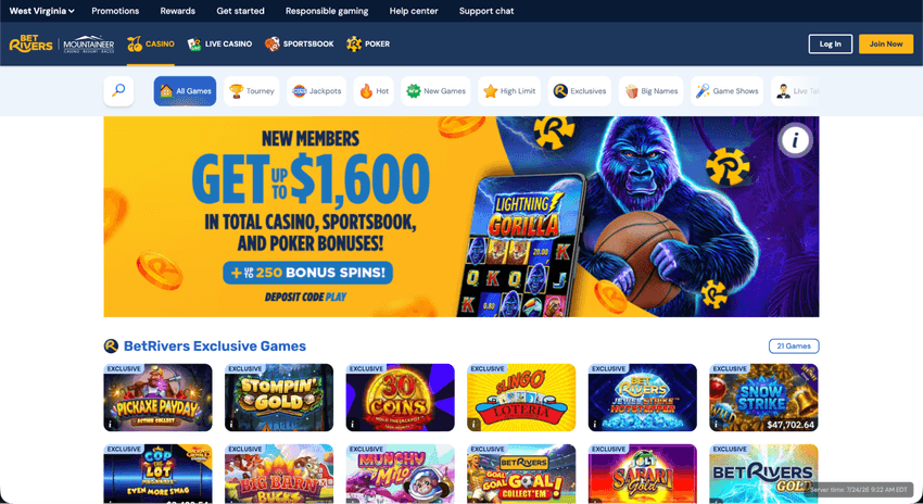 BetRivers Casino West Virginia homepage featuring the new member bonus and exclusive casino games.