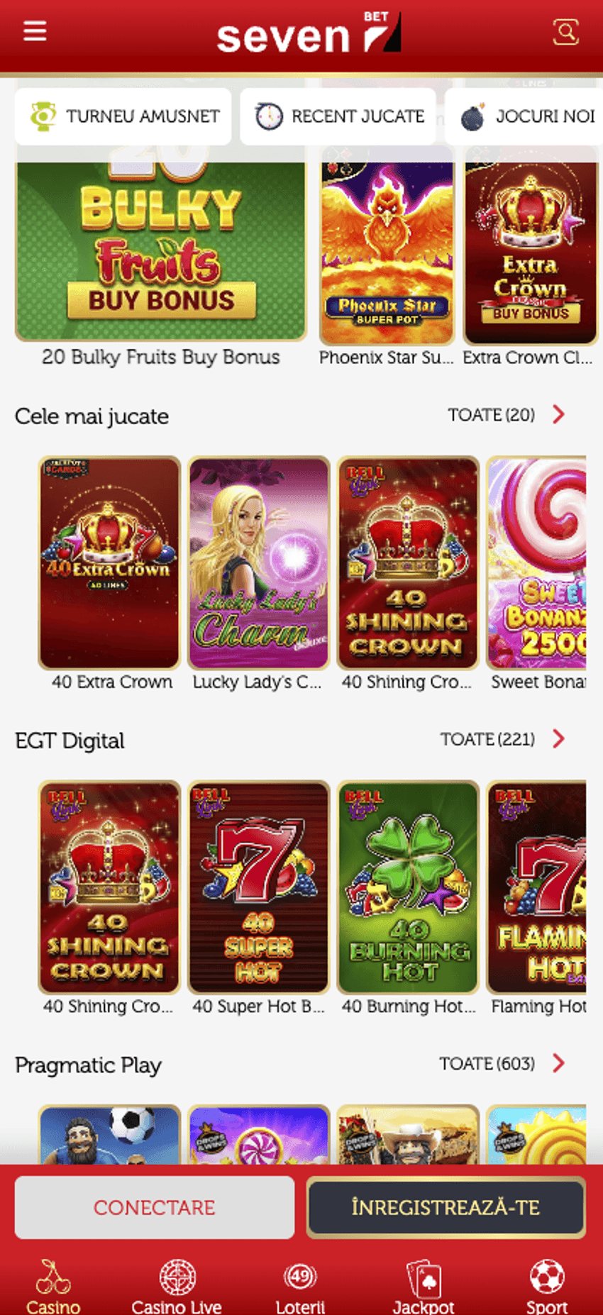 Seven – lobby mobil de casino Interfața mobilă Seven cu cele mai jucate jocuri și categorii de furnizori precum EGT Digital și Pragmatic Play