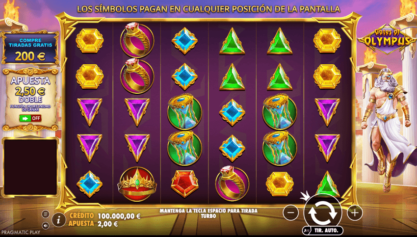 Gates of Olympus de Pragmatic Play Pantalla de Gates of Olympus de Pragmatic Play con Zeus y símbolos de pago en cualquier posición