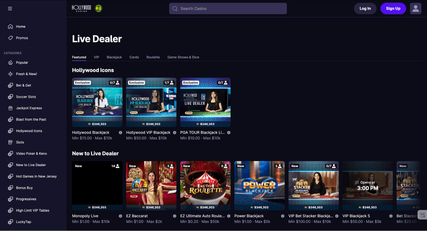 Hollywood Online Casino West Virginia live casino lobby featuring real-time table games hosted by live dealers.