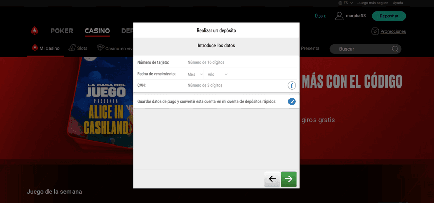 Introducción de datos de tarjeta Visa en PokerStars España Captura del formulario de pago en PokerStars España donde se introducen los datos de la tarjeta Visa, incluyendo número de tarjeta, fecha de caducidad, código CVN y nombre del titular.