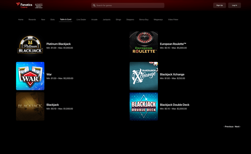 Screenshot of Fanatics Michigan table games section