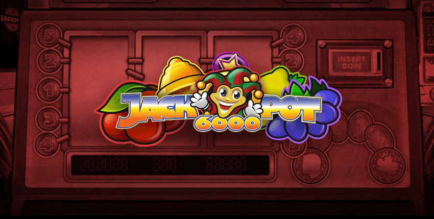 Logo slot Jackpot 6000 Logo Jackpot 6000 cu simbol Joker, cireșe și struguri în stil retro.