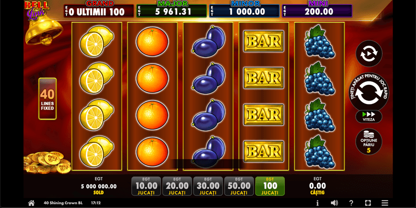 Gameplay 40 Shining Crown Bell Link cu jackpot Bell Link și 40 de linii fixe în cazinou online