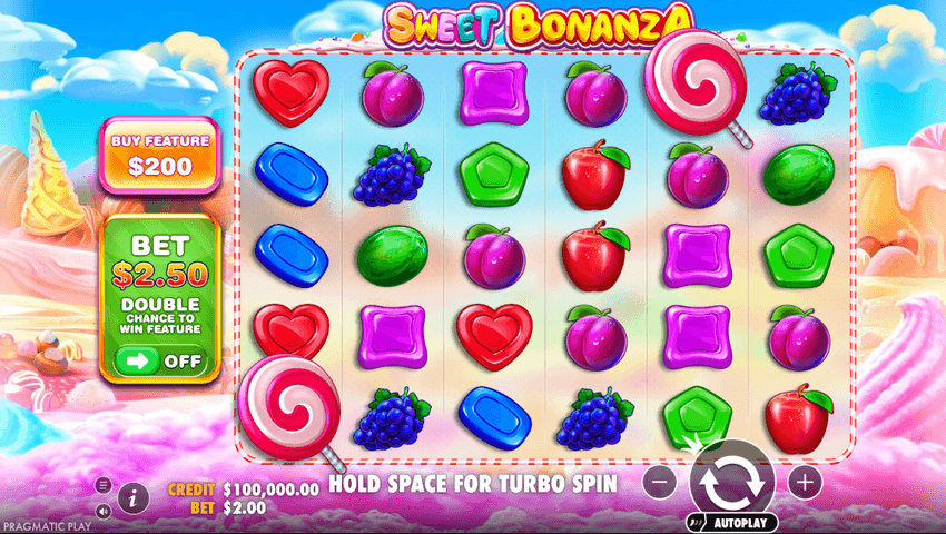 Η βασική οθόνη του Sweet Bonanza με το πλέγμα 6×5, τα σύμβολα φρούτων και καραμελών και την επιλογή Bonus Buy.