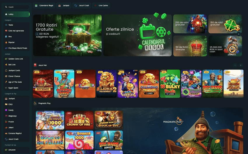 Lobby-ul King Casino cu Calendarul Regal, oferte de rotiri gratuite, jackpoturi și jocuri noi de la mai mulți furnizori.