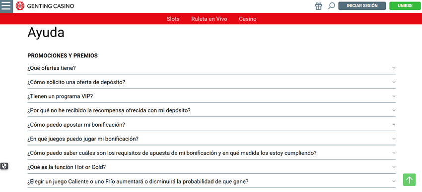 Centro de ayuda de Genting Casino con preguntas sobre promociones y bonos