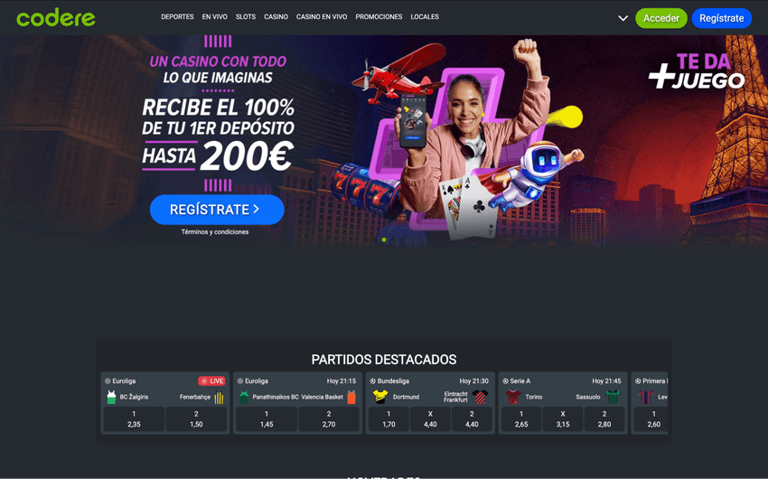 Promoción de bienvenida de Codere Promoción de bienvenida en Codere Casino con bono del primer depósito y acceso a apuestas deportivas y casino.