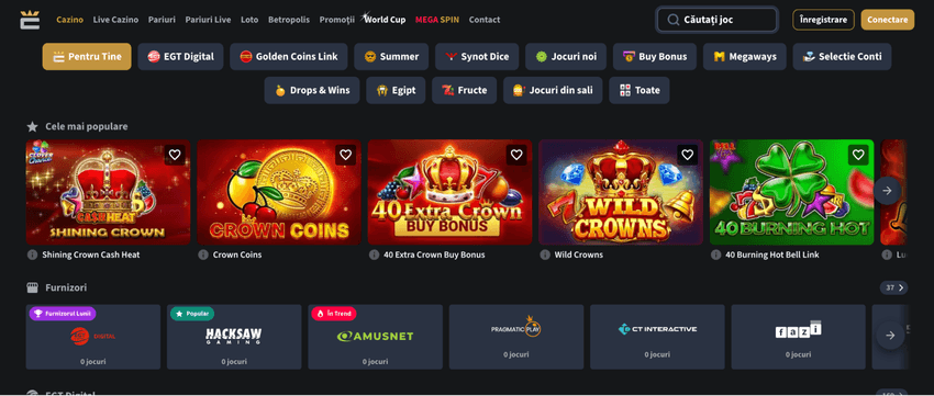 Lobby-ul Conti Cazino cu sloturi populare și furnizori precum EGT Digital, Amusnet și Pragmatic Play