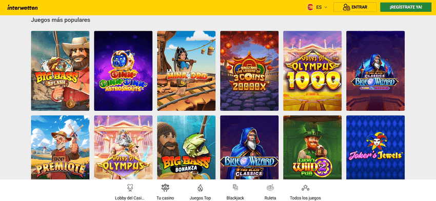 Juegos populares de Interwetten Casino con Big Bass Splash y Gates of Olympus 1000