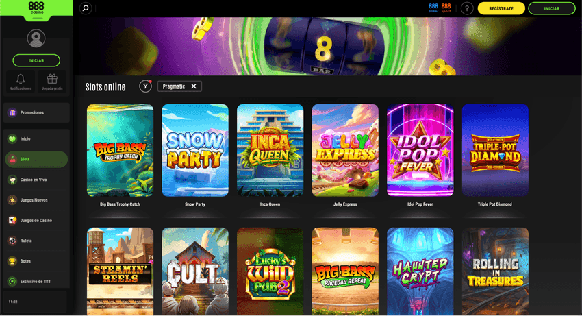 Slots de Pragmatic Play en 888Casino Lobby de 888Casino con tragaperras de Pragmatic Play organizadas en formato de cuadrícula