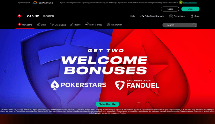 PokerStars Michigan online casino homepage with featured slots, poker tables, and promotional banners.