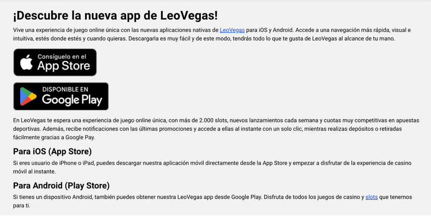Página de descarga de la app de LeoVegas para dispositivos iOS y Android.