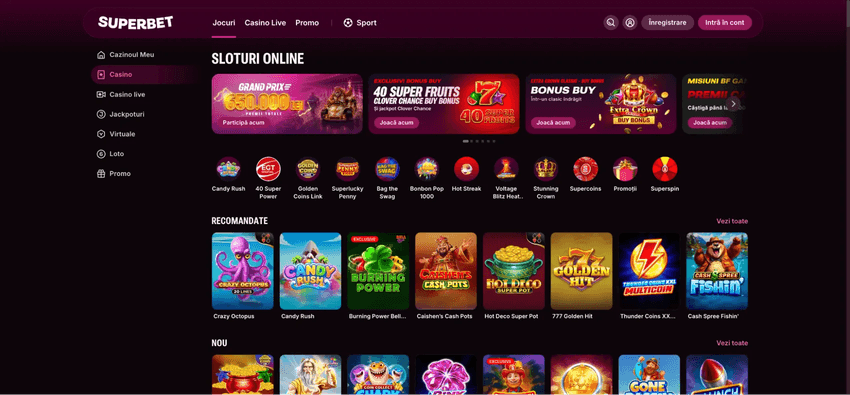 Lobby-ul Superbet cu sloturi recomandate, jackpoturi și promoții, inclusiv Burning Power, Golden Hit și Thunder Coins XXL.