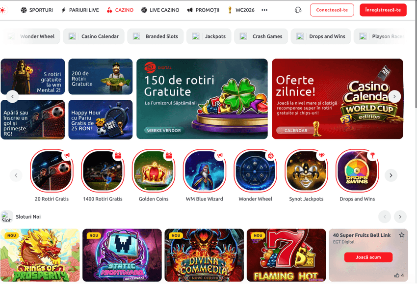 Pagina principală a cazinoului online Winmasters cu jocuri, promoții și meniul de navigare.