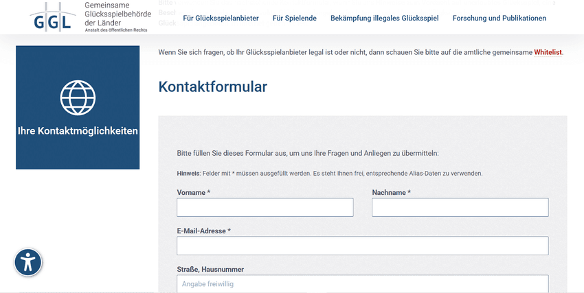 GGL – Kontakt und Meldung unerlaubten Glücksspiels Kontaktmöglichkeiten und Meldestellen der Gemeinsamen Glücksspielbehörde