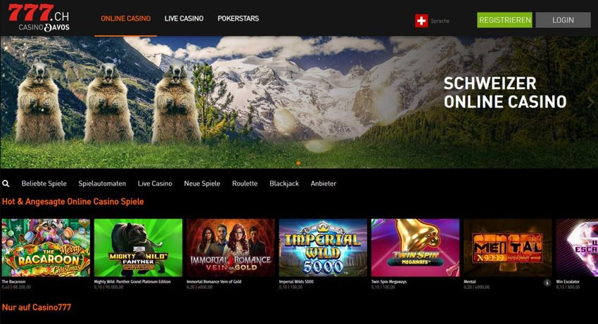 777.ch – Offizielle Schweizer Online-Casino-Website Ansicht der offiziellen 777.ch-Website mit Casinospielen für Schweizer Spieler.