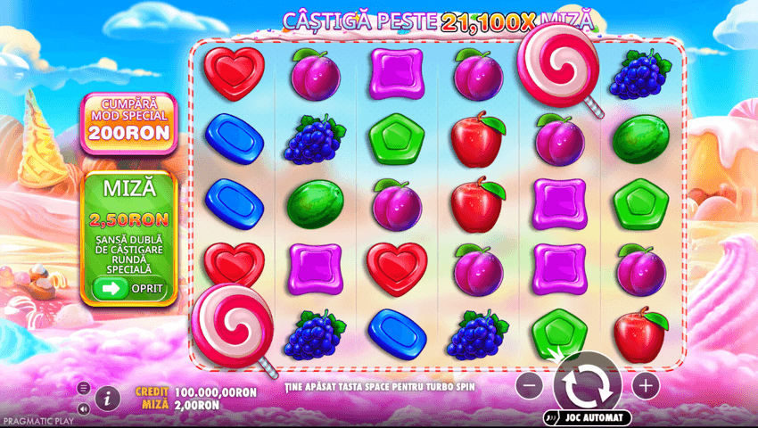 Interfața Sweet Bonanza de la Pragmatic Play cu simboluri de fructe, bomboane și opțiune de cumpărare a rundei speciale.