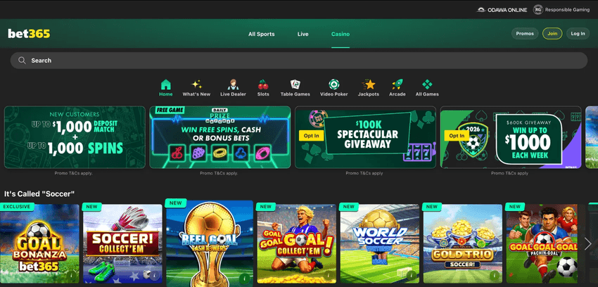 bet365 Casino homepage with promotions, slots, jackpots, and live dealer categories
