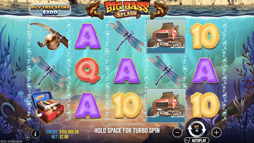 Big Bass Splash – Pragmatic Play Στιγμιότυπο του Big Bass Splash με σύμβολα ψαρέματος και υποβρύχιο φόντο