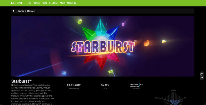 NetEnt – slotul Starburst Pagina oficială NetEnt pentru Starburst, cu logo-ul jocului și informații despre RTP