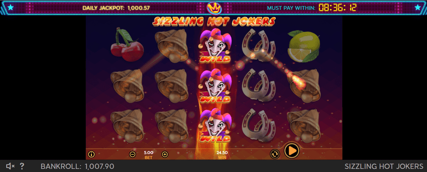 Gameplay Sizzling Hot Jokers Daily Jackpot cu simboluri Wild expandate și jackpot zilnic afișat în partea de sus.