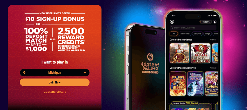 Caesars Palace Online Casino Michigan deposit bonus with 100% match up to $2,500
