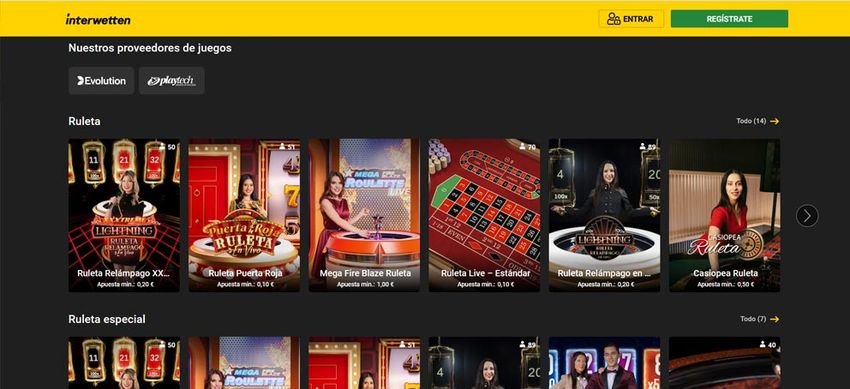 Mesas de ruleta en vivo Interwetten con proveedores Evolution y Playtech