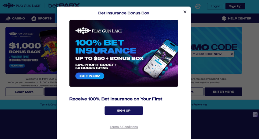 Play Gun Lake bet insurance bonus showing 100% coverage up to $50 plus bonus spins for Michigan players