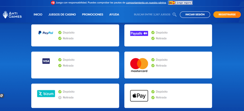 Métodos de pago de AHTI Games con PayPal, Paysafecard, Visa, Mastercard, Bizum y Apple Pay